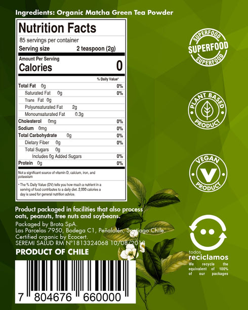 BROTA SUPERFOODS Organic Matcha Powder - Premium Grade - Green Tea - Energy Booster - Ideal for Lattes and Smoothies - Enhance Concentration and V...