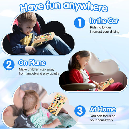 POLKRANE Toddler Montessori Travel Toys - Wooden Busy Board with LED Light,Switch Toy for Baby Sensory Play, Educational & Learning Toys for Kids ...