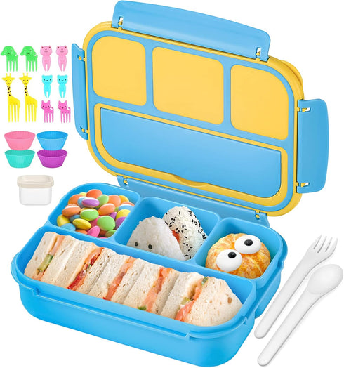 Bento Lunch Boxes with 4 Compartments, Sauce Container, Utensils, Food Picks and Muffin Cups for School or Adults, Blue...