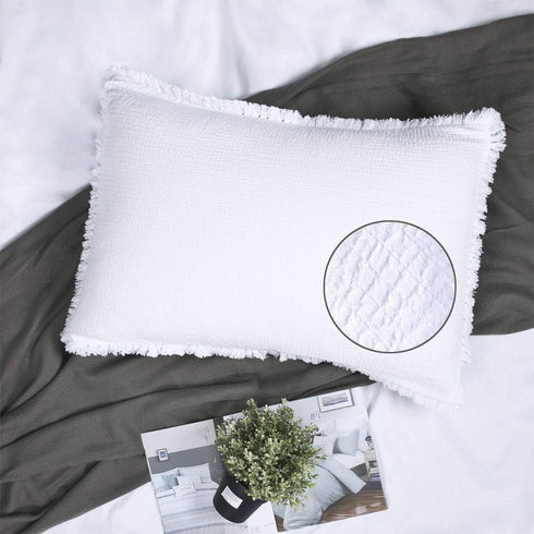 YINFUNG Quilted Pillow Sham White Standard Set of 2 Muslin Cotton Tassel Fringe Pillowcases Matelasse Boho Decorative Textured Gauze Moroccan Thin...