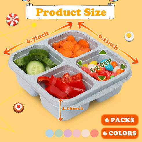 6 Pack Snack Containers, 4 Compartment Bento Snack Box Container, Reusable Meal Prep Lunch Containers for Kids Toddler Adults, Divided Food Contai...