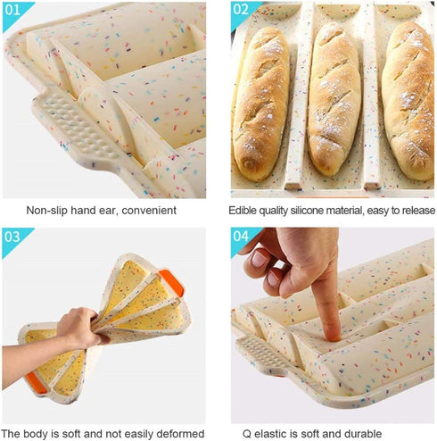Baguette Pans for Baking / 3 Loaf, Silicone Loaf Roll Pan Cake Mold Tray, Non-Stick Baking Hot Dog Sandwich Mold, Grey, 34.5 CM...
