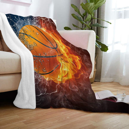 Ultra Soft Flannel Fleece Bed Blanket Basketball on Fire and Water Flame Splashing Lightning Throw Blanket All Season Warm Fuzzy Light Weight Cozy...
