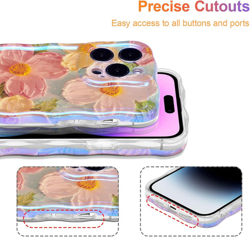 EYZUTAK Case for iPhone 14 Pro Max, Colorful Retro Oil Painting Printed Flower Laser Glossy Pattern Cute Curly Wave Edge Exquisite Stylish Durable...