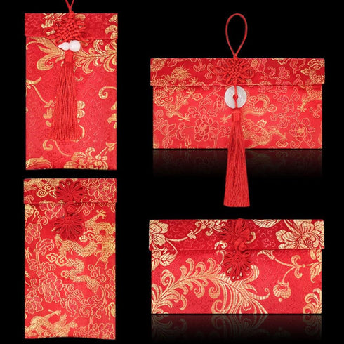 4 Pieces Silk Red Envelope Chinese Red Pocket Lucky Money Hong Bao Card Envelope for Spring Festival Wedding New Year Birthday, 4 Styles with Chin...