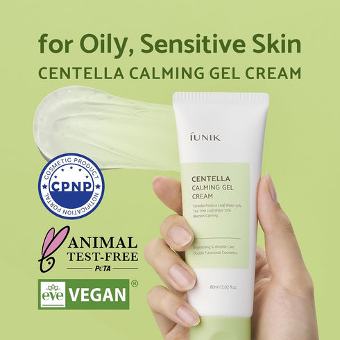 IUNIK Centella 70% Calming Gel Cream Vegan Non-Sticky Moisturizing Blemish Care w/Centella Asiatica Tea Tree 10% Soothes Acne Rosacea Oily & Sensi...