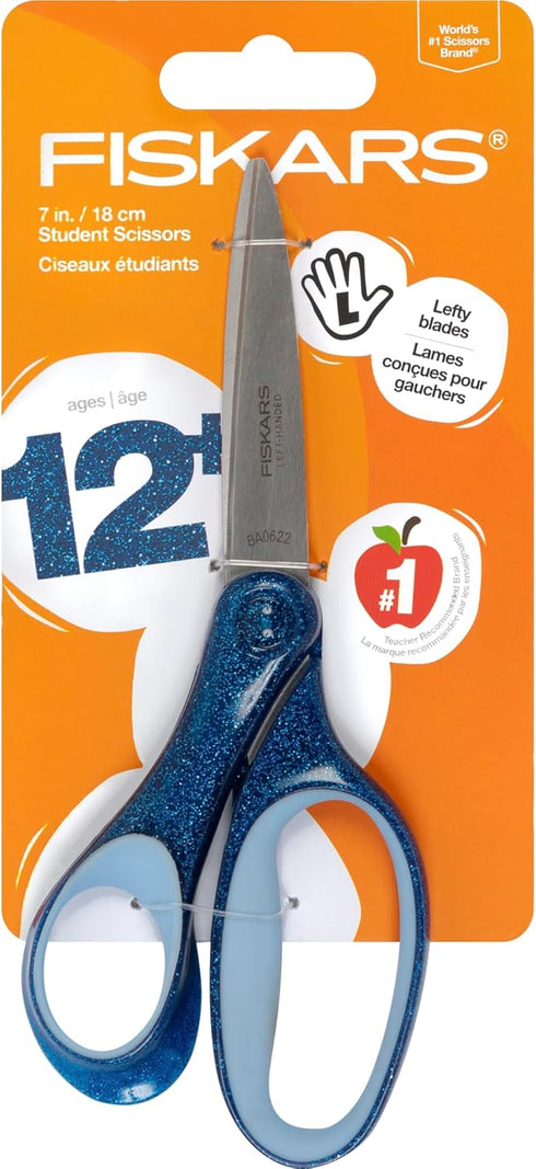 Fiskars 7" SoftGrip Left-Handed Student Glitter Scissors for Kids 12+ - Left-Handed Scissors for School or Crafting - Back to School Supplies - Bl...