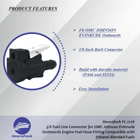 2126 3/8 Fuel Line Connector for OMC Johnson Evinrude Outboards Engine Fuel Hose Fitting Compatible with Ethanol Blended Fuels 18-8092...