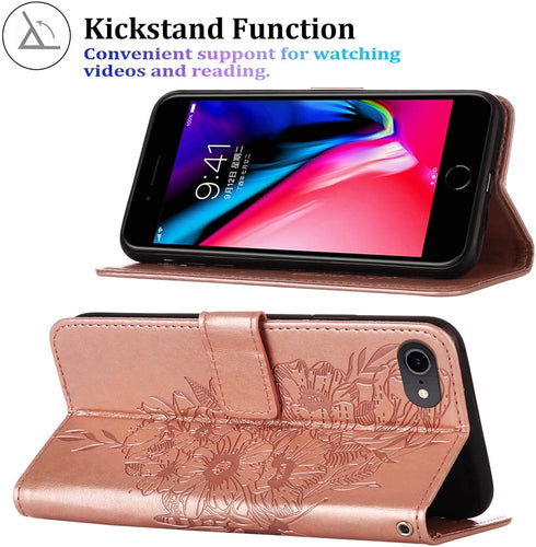 for iPhone SE 2022/SE 2020 Case,for iPhone 6/6S/7/8 Wallet Case,Butterfly Floral Embossed,Wrist Strap,Card Holder Slots,Stand Leather Protective F...