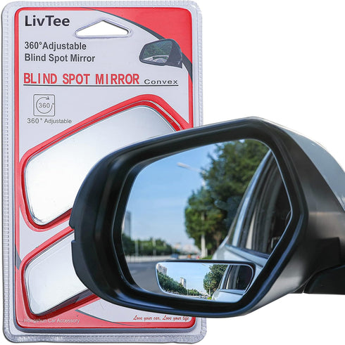 LivTee Blind Spot Mirror, Rectangular Shaped HD Glass Frameless Convex Rear View Mirror with wide angle Adjustable Stick for Cars SUV and Trucks, ...