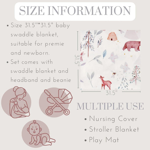 Newborn Receiving Blanket Swaddle Blanket Headband Beanie Set for Baby Boy Baby Girl (Animal 3)...
