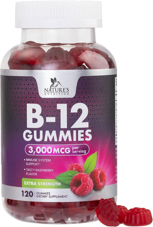 B12 Energy Gummy, Extra Strength 3000 mcg Vitamin B 12, B-12 Energy Metabolism & Immune System Support, Chewable Supplement for Adults & Kids, Caf...