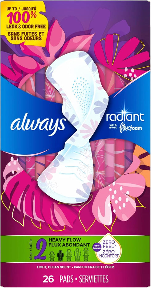 Always Radiant Feminine Pads for Women, Flexfoam Pads with Wings, Size 2, Heavy Absorbency, Lightly Scented, 78 Count (3 Packs of 26)...