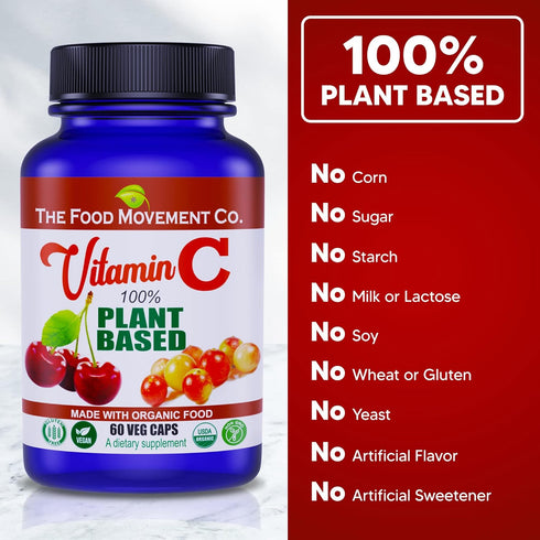100% PLANT-BASED VITAMIN C 60 Capsules 125mg - Adults Immune System Antioxidant Support Dietary Supplement - Whole Food Vegan Supplements from Org...