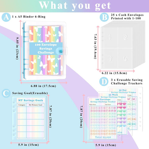 100 Envelopes Challenge Binder Easy and Fun Savings Binder to Save $5,050, 500, 10,000, Money Saving Binder for Budgeting, Budget Binder with Cash...