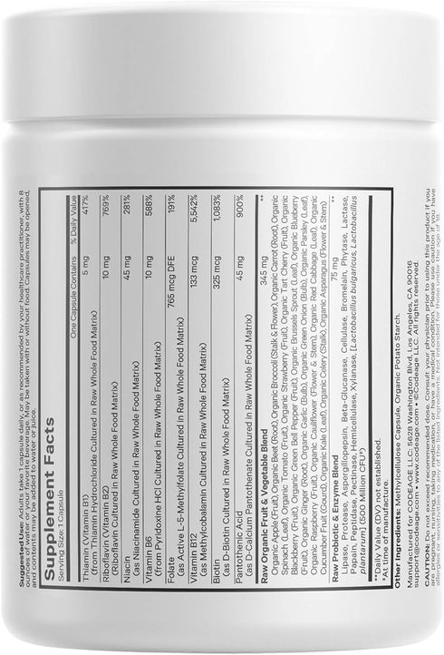 Codeage Raw Vitamin B-Complex Supplement - Essential B Vitamins with Probiotics, Digestive Enzymes, Fruits & Vegetables - 2-Month Supply - Methylf...