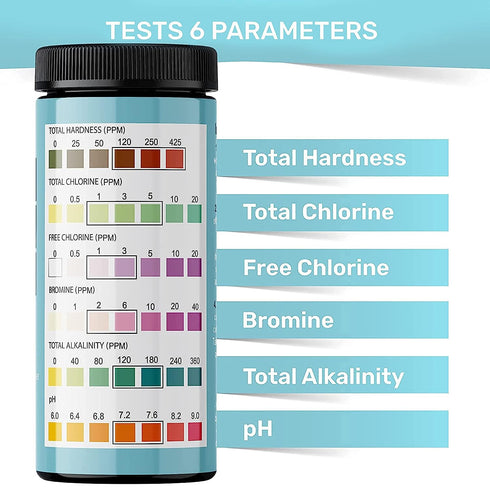 Hot Tub and Pool Test Strips - 6in1 Quick & Accurate Hot Tub, Spa, Pool Test Strips - 100 Water Test Strips, Water Test Kit with E-Book - Test Chl...
