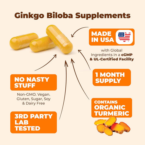 Turmeric Curcumin & Ginkgo Biloba Supplements with Bioperine Black Pepper - Vegan Joint Support Supplement with Organic Tumeric - Aids Brain Clari...