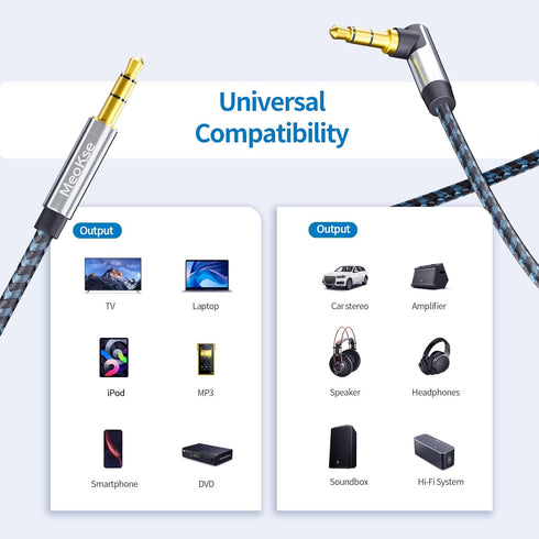 3.5mm Audio Cable Male to Male 20FT/6M Stereo Aux Cord 90 Degree Right Angle Aux Cable Nylon Braided Aux Cable Compatible with Beats iPhone iPod i...