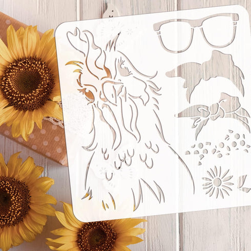 FINGERINSPIRE Chicken Lady Painting Stencil 11.8x11.8 inch Hollow Out Rooster Pattern Drawing Stencil Reusable Bow Tie Eyeglass Frame Flower Craft...