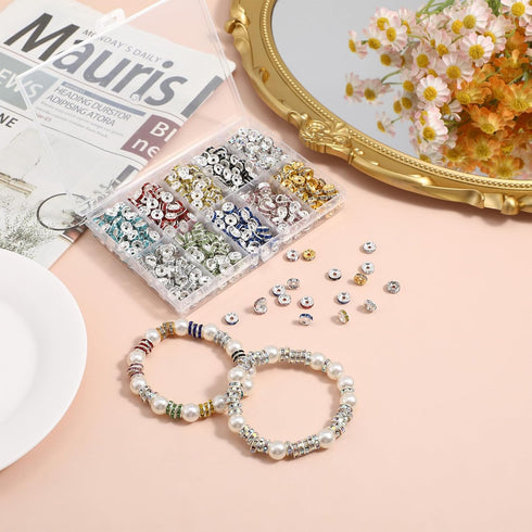 IMIKEYA Rondelle Spacer Beads: 700Pcs 8mm Rondelle Beads for Jewelry Making Rhinestone Spacer Beads 10 Colors Crystal Bead Spacers Flat Round Loos...