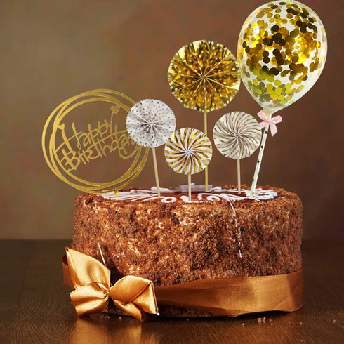 DIYASY Gold Happy Birthday Cake Topper Kit, Confetti Balloon Paper Fans Acrylic Cake Toppers for Birthday Cake Decoration 6 Pcs...