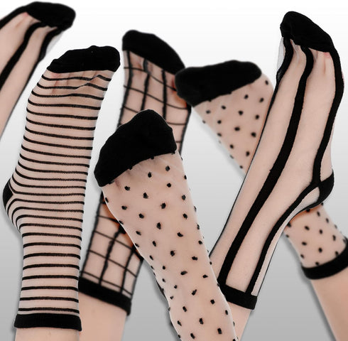 5Pairs Sheer Ankle Socks Black See Through Socks Striped Plaid Dot Cute Transparent Socks for Women Girls...