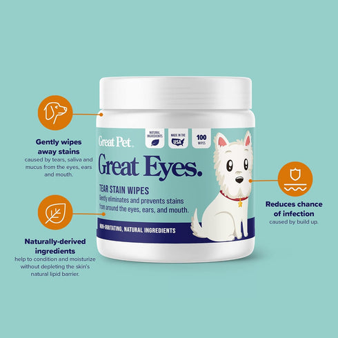 Great Eyes - Safe & Gentle Tear Stain Remover for Dogs - Natural Eye Wipes for Dogs - Made in The USA & Easy to Use Pre-Soaked Wipes - 100 Wipes...