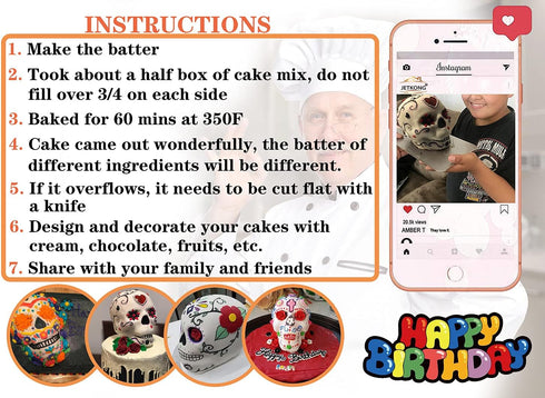 JETKONG Extra Large Silicone Skull Cake Mold Haunted Skull Baking Cake Pan for Halloween and Birthday Party...