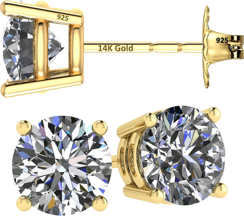 14K Solid Gold Post & Silver Simulated Diamond Stud Earrings-cubic zirconia earrings studs .30ct to 8.00ct...