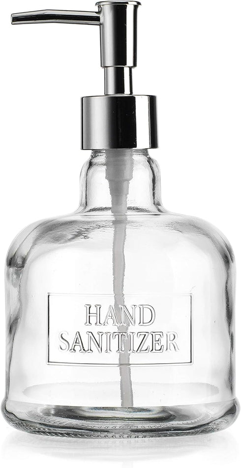 Elegant Home 18 Oz 7" Clear Embossed Glass Hand Sanitizer Dispenser Holder Bottle - Refillable, Acrylic Pump Ideal for Soap, Body Lotion, Essentia...