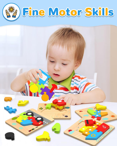Wooden Vehicle Toddler Puzzles for 1 2 3 Years Old Boys Girls, Baby STEM Educational Toy Gift with 4 Vehicles Montessori Learning Puzzles...