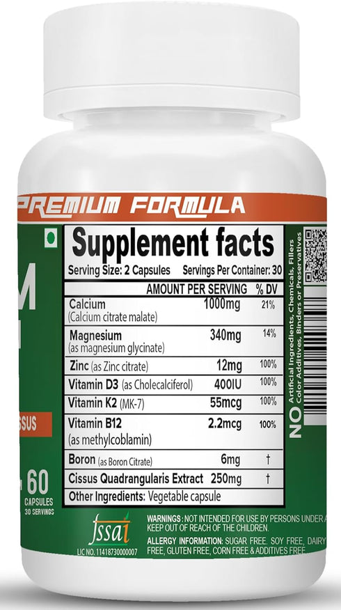 Calcium Magnesium Zinc with Vitamin D3, Boron, K2 & B12 (60 Capsules)...