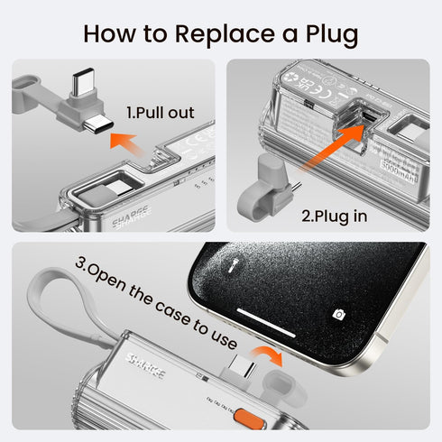 Flow Mini Portable Charger, 5000mAh Small Power Bank with Changeable Plugs and Built in Cable, Dual Output USB-C External Battery Compatible with ...