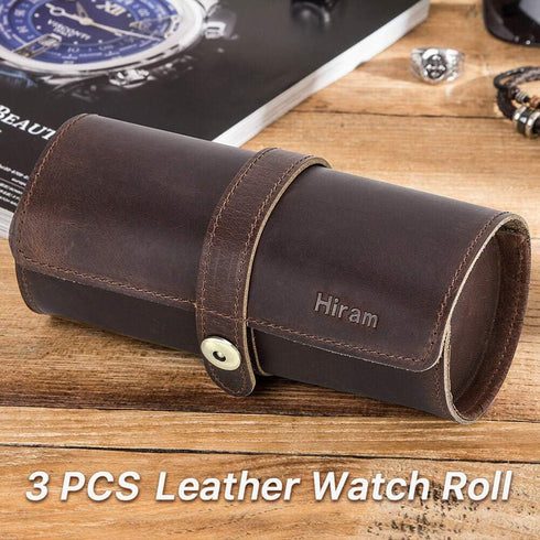 Hiram Genuine Leather Travel Watch Case Roll Organizer Classic, Leather 3-Watches Roll Case for Watches and Bracelets-Coffee...