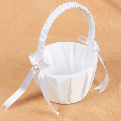 White Flower Girl Basket with Satin Bowknot & Pearl Design 8 x 5.2 x 6 Inch, Flower Petal Basket Ideal for Wedding Party, Elegant Ceremony Accesso...