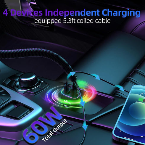 4-Port 30W USB-C & 18W USB-A QC3.0 Fast Charging Car Charger with Colorful Ring LED Light and Coiled Cable for iPhone 15, Samsung S24, Pixel, Tabl...