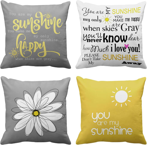 Emvency Set of 4 Throw Pillow Covers You are My Sunshine Yellow Gray with Words Decorative Pillow Cases Home Decor Square 18x18 Inches Pillowcases...
