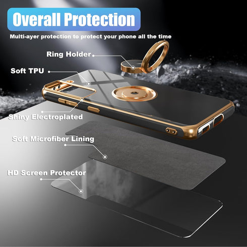 ?for Galaxy S21 Case,with Screen Protector, Built-in 360° Rotation Ring Holder Magnetic Kickstand, Plating Gold Edge Soft TPU Shockproof Protectiv...