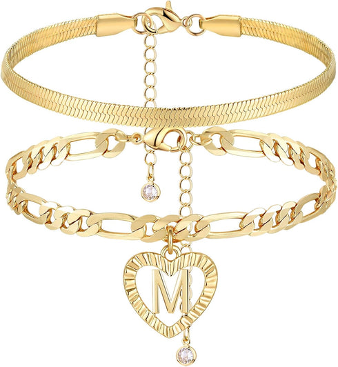 YANODA Gold Ankle Bracelets for Women Waterproof, 14k Gold Plated Layered Snake Anklets Figaro Chain Letter Initial Anklets Handmade Heart Ankle B...