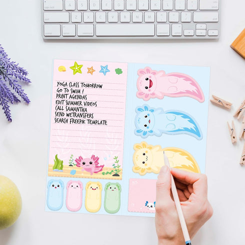 Axolotl Sticky Notes Set - Cute Animal Mexican Walking Fish Shape Sticky Note Pads to Do List Notepad Writing Memo Pads for Gift School Office Sup...