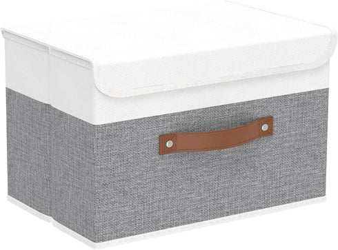 Yawinhe Storage Boxes with Lids, Linen Fabric Bin, Cube Organizer Basket, Washable and Leather Handle, for Home, Closet, White/Grey, 15.0''Lx9.8''...