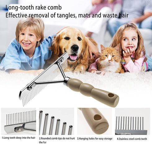 Dog Rake for Undercoat Long Tooth Dogs Comb, Rake Brush+Stainless Steel Shedding Comb, Husky Undercoat Rake Grooming Tool Set for Big Dog Horse Lo...