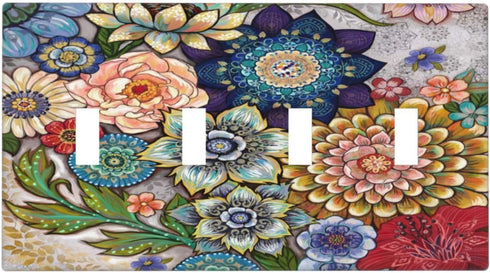 Boho Floral Bright 4 Gang Light Switch Cover Quad Toggle Wall Plate Decorative Electrical Faceplate Standard Size for Bathrooms Bedroom Kitchen Ho...