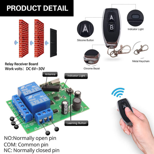 DieseRC DC 12V 24V 30V Secure Remote Control Switch Universal Wireless 433Mhz rf 10A Relay Receiver Board with 2 Transmitter Key fobs for Motor Li...