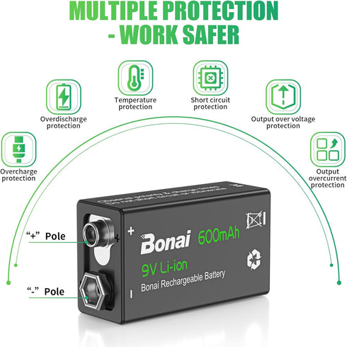 BONAI Rechargeable 9V Batteries 600mAh High Capacity 9V Rechargeable Batteries,(4 Pack) 9 Volt Lithium Batteries for Smoke Alarms Metal Detector e...