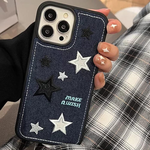 Casechics Compatible with iPhone Case,Cool Denim Fabric Embroidery Star Silicone Camera Lens Protection Soft Shockproof Cover Phone Case (Blue,iPh...