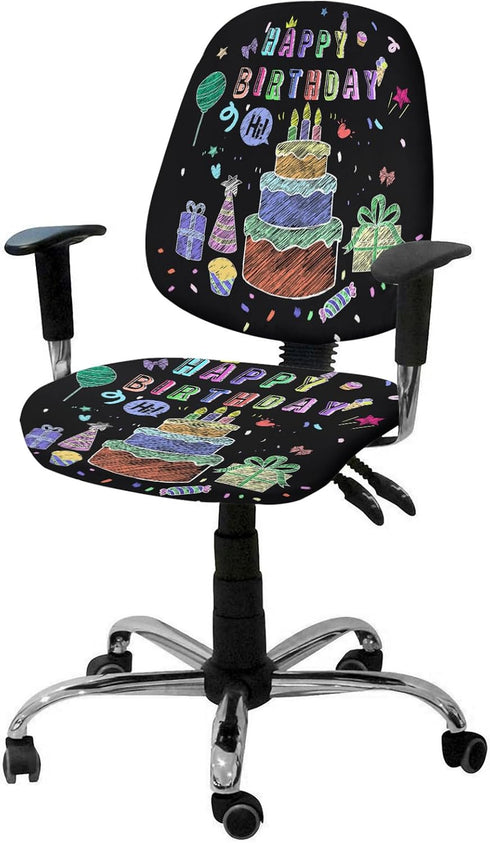 Happy Birthday Office Chair Cover - Stretch Rotating Computer Chair Seat Back Covers, Birthday Gifts Cake Balloons Black Desk Chair Covers Stretch...