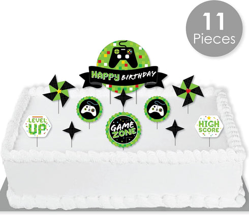 Big Dot of Happiness Game Zone - Pixel Video Game Birthday Party Cake Decorating Kit - Happy Birthday Cake Topper Set - 11 Pieces...