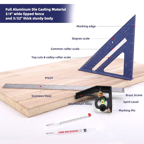 Rafter Square and 12 inch Combo Square Set,Carpentry Squares, Combination Square with Bubble Vial, Woodworking Square, Aluminum Rafter Square, Car...